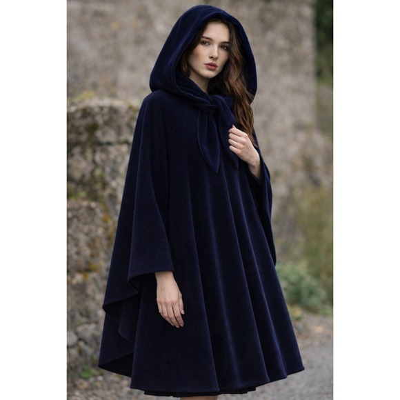 Hourihan Navy Blue Irish Walking Cape Velvet Hood Wool Cashmere One Size Luxury - Picture 2 of 13